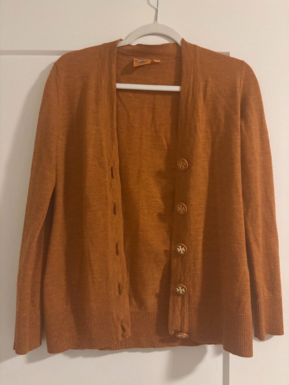 Tory Burch Rust Orange  100% Merino Wool Logo Button Cardigan Size M NWT